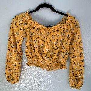 yellow floral off the shoulder cinched waist top